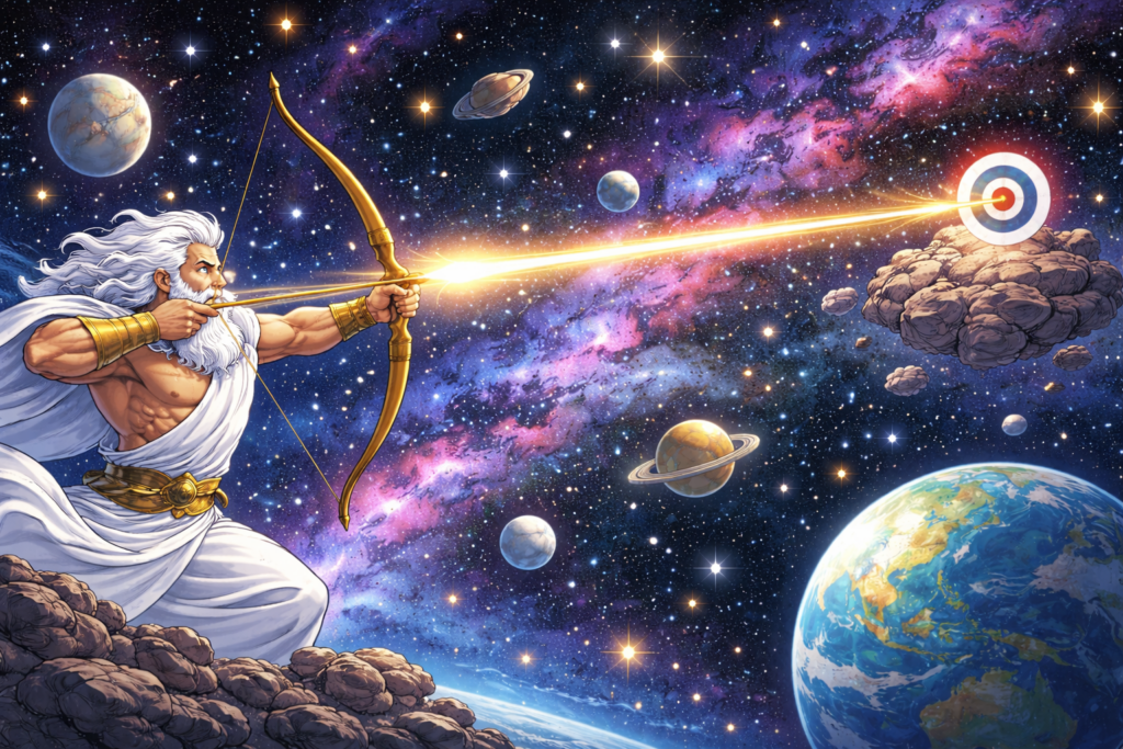 Sam Wszechmogący strzelający przez wszechświat do tarczy